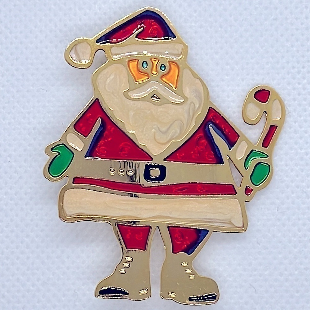 Christmas Brooch Lapel Pin Santa Claus Hand Painted Gold Tone